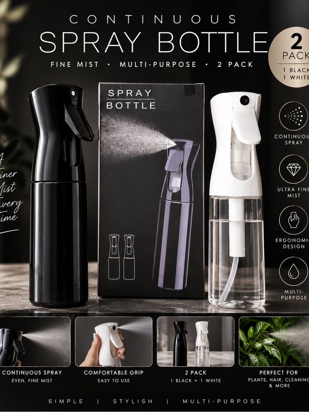 Continuous Spray Bottle 2-Pack - Black & White